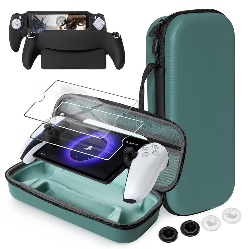 CoBak Hard Carrying Shell Case for PlayStation Portal Remote Player - with 2 Screen Protector, 1 Grip Case, 4 Thumb Grip Caps, Hard Outer Cover for PS5 Portal, Deep Green - Image 1